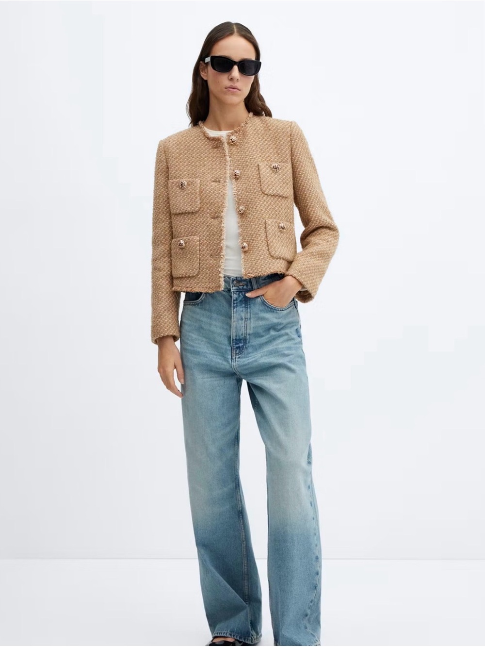 Mango Beige Cropped Bouclé Pocket Jacket